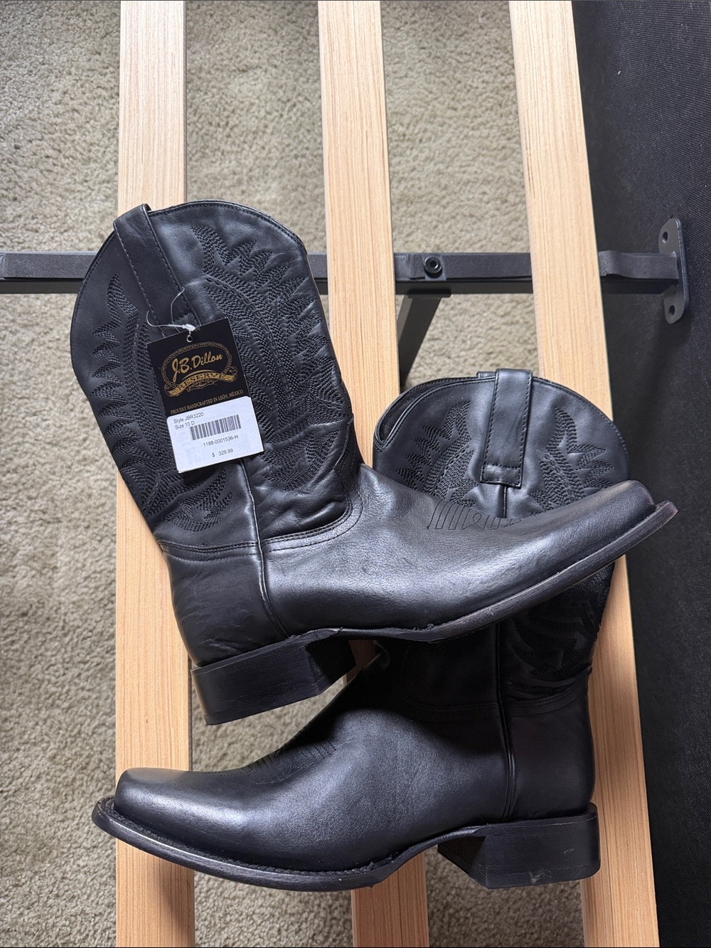 J.B. Dillon Black Leather Western Cowboy Boots with Embroidered Shaft